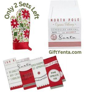 Christmas Kitchen Linens Set 4 Kitchen Towels, Poinsetta Oven Mitt Table Runner